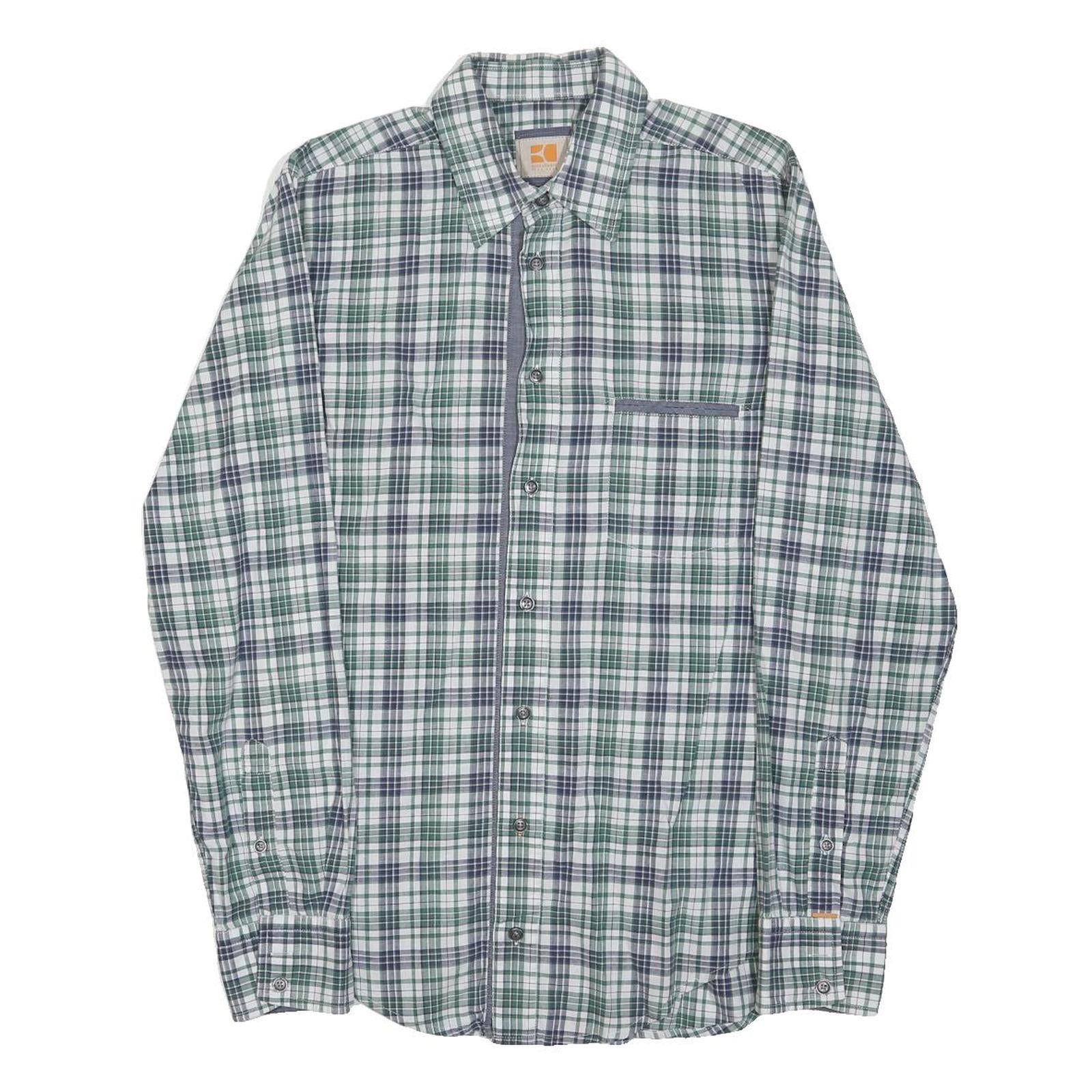 HUGO BOSS Mens Green & Grey Check Shirt S Premium Cotton Blend Classic Fit Long