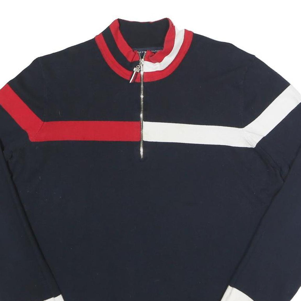 TOMMY HILFIGER Womens Navy Blue & Red Colourblock Zip Neck Cable Knit L Jumper