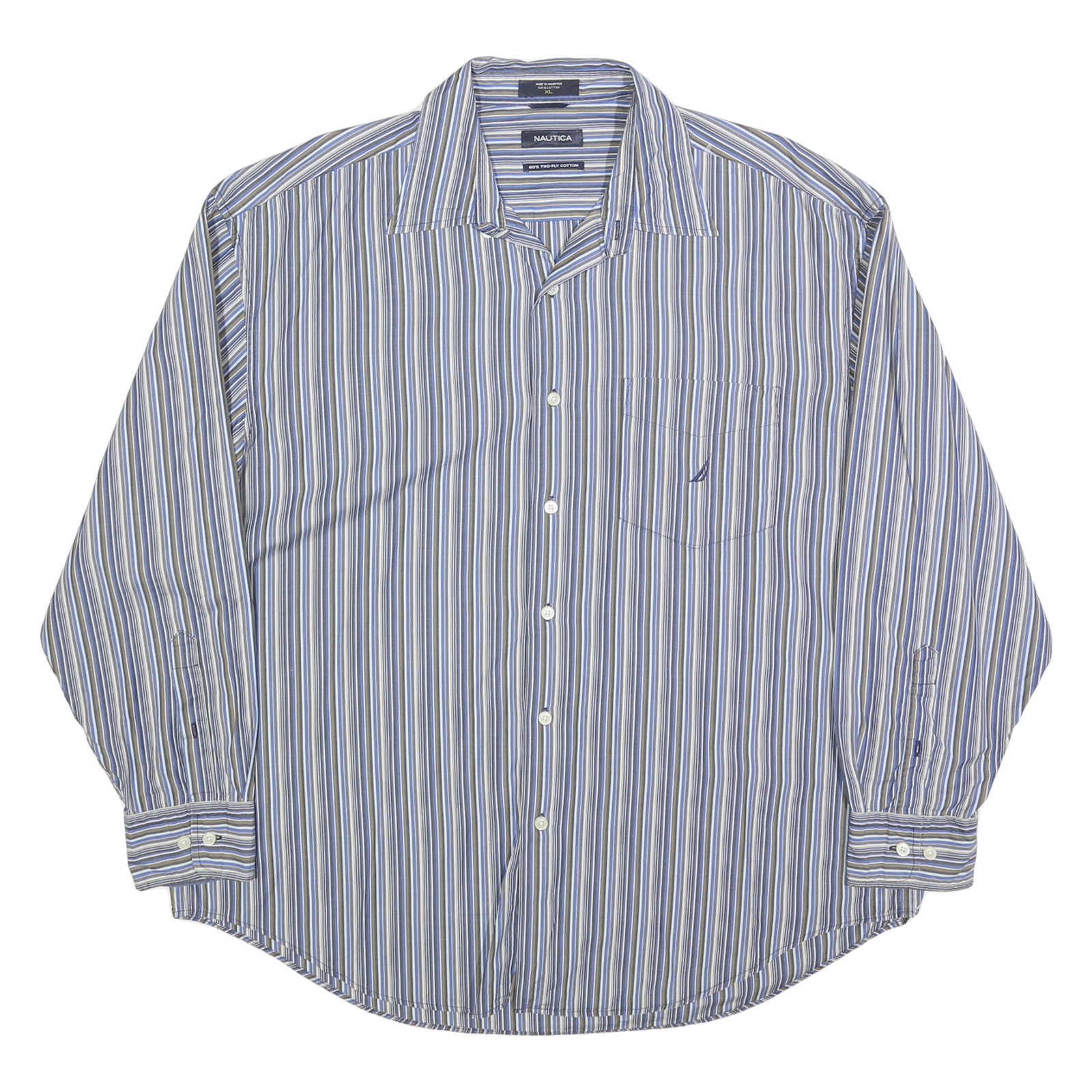 NAUTICA Mens Blue & Grey Striped Shirt XL Cotton Blend Long Sleeve Casual Button