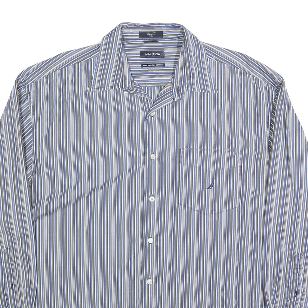 NAUTICA Mens Blue & Grey Striped Shirt XL Cotton Blend Long Sleeve Casual Button