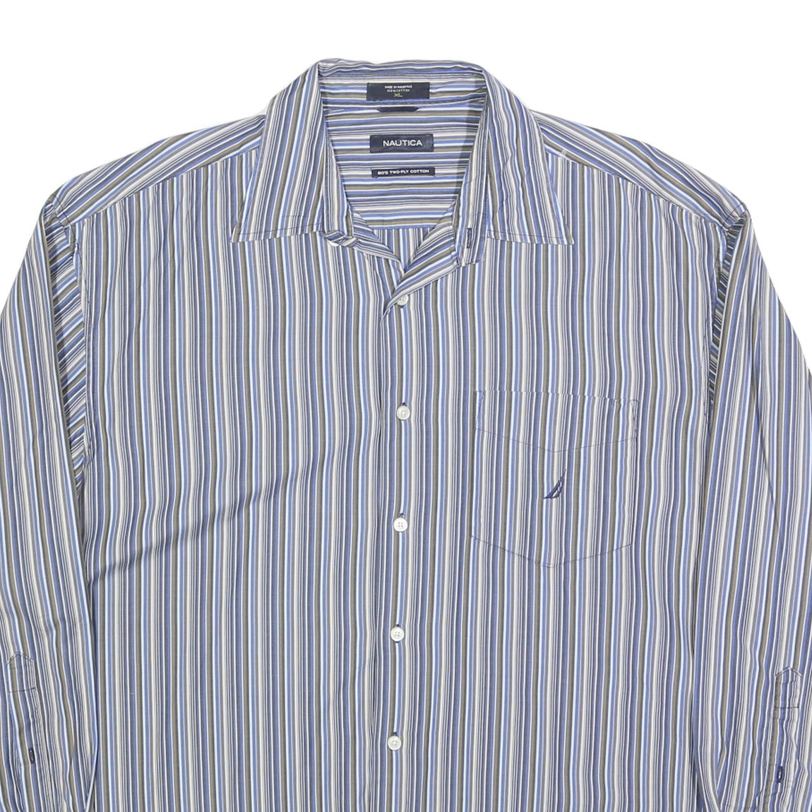 NAUTICA Mens Blue & Grey Striped Shirt XL Cotton Blend Long Sleeve Casual Button