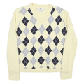TOMMY HILFIGER Womens Cream & Grey Argyle Patterned V Neck Jumper Size M Cotton