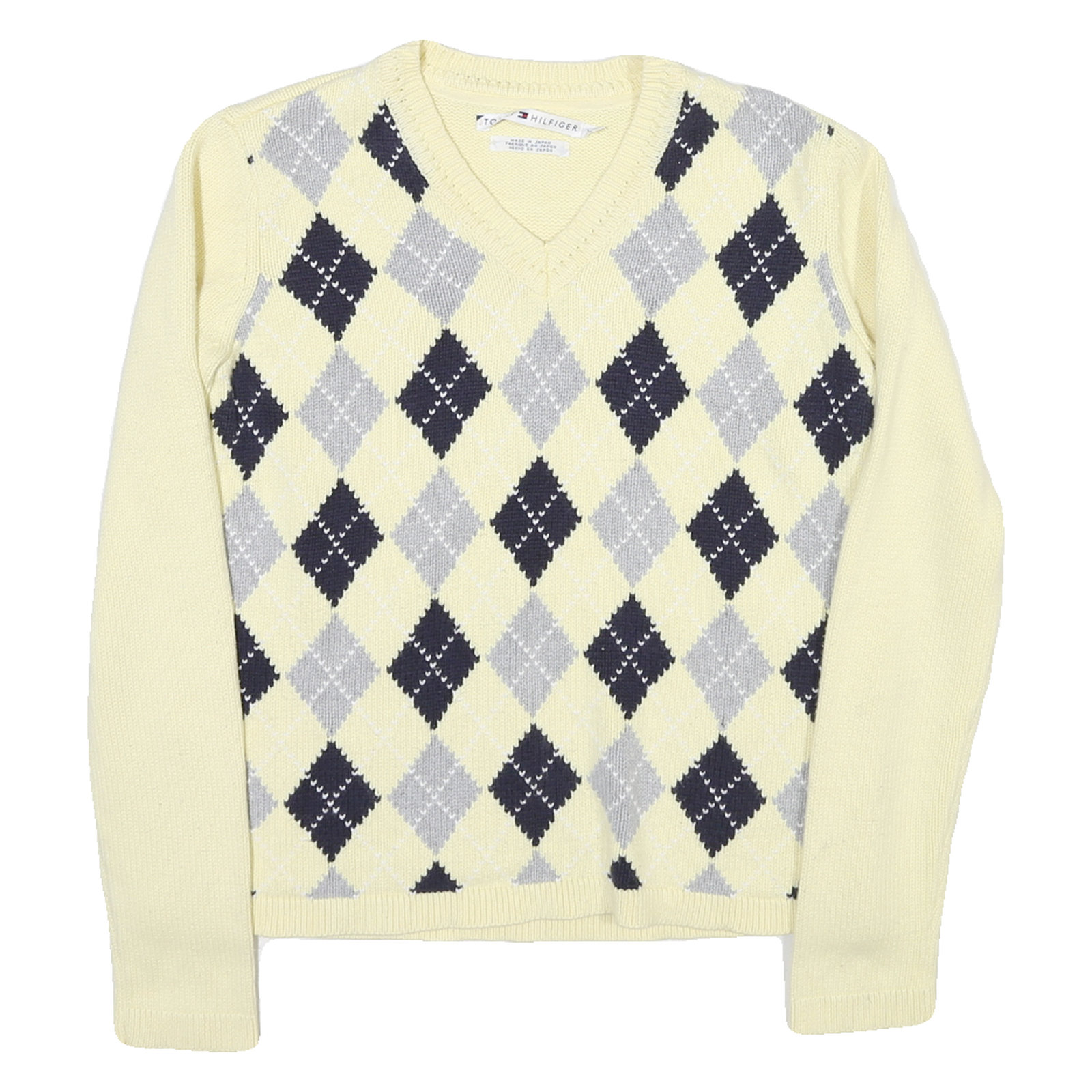 TOMMY HILFIGER Womens Cream & Grey Argyle Patterned V Neck Jumper Size M Cotton