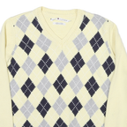 TOMMY HILFIGER Womens Cream & Grey Argyle Patterned V Neck Jumper Size M Cotton
