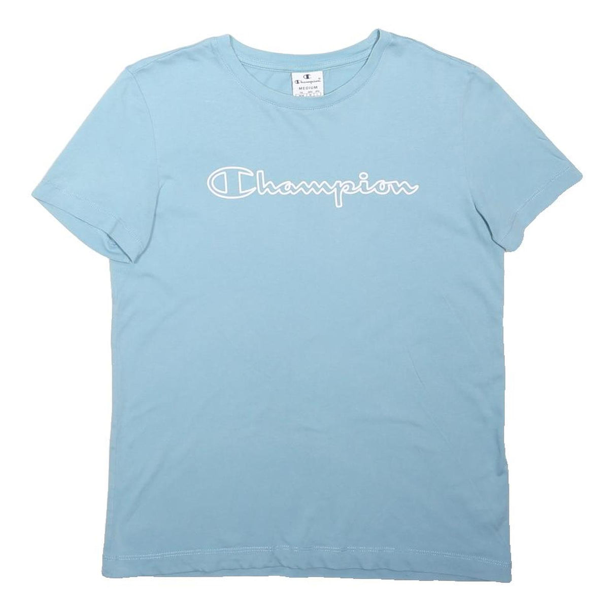 CHAMPION Boys Blue Script Logo Graphic T-Shirt M Short Sleeve Crew Neck Casual