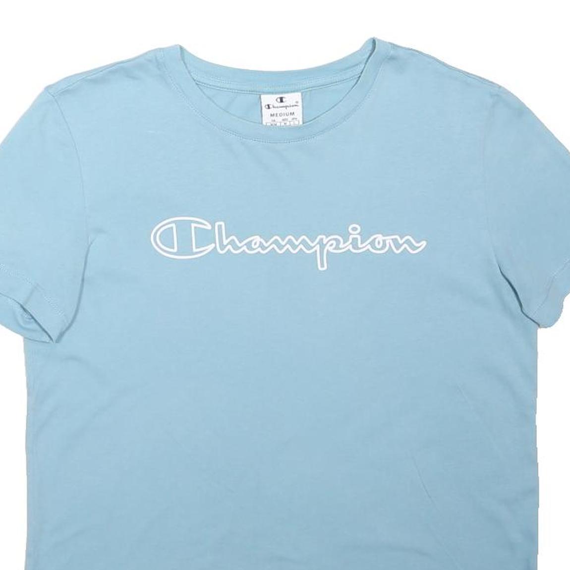 CHAMPION Boys Blue Script Logo Graphic T-Shirt M Short Sleeve Crew Neck Casual