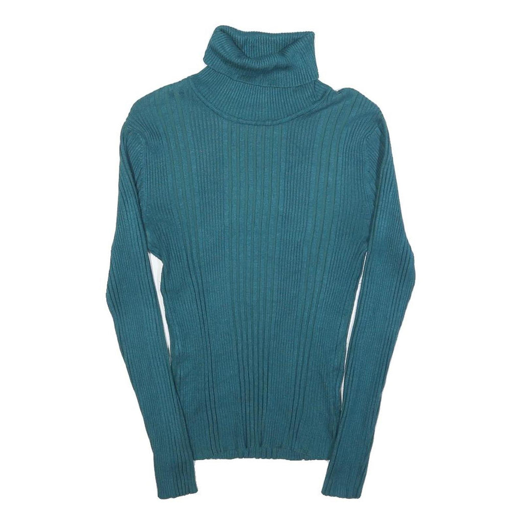 NO BOUNDARIES Womens Teal Plain Pullover Roll Neck Rib Knit Jumper M Slim Fit