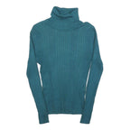 NO BOUNDARIES Womens Teal Plain Pullover Roll Neck Rib Knit Jumper M Slim Fit