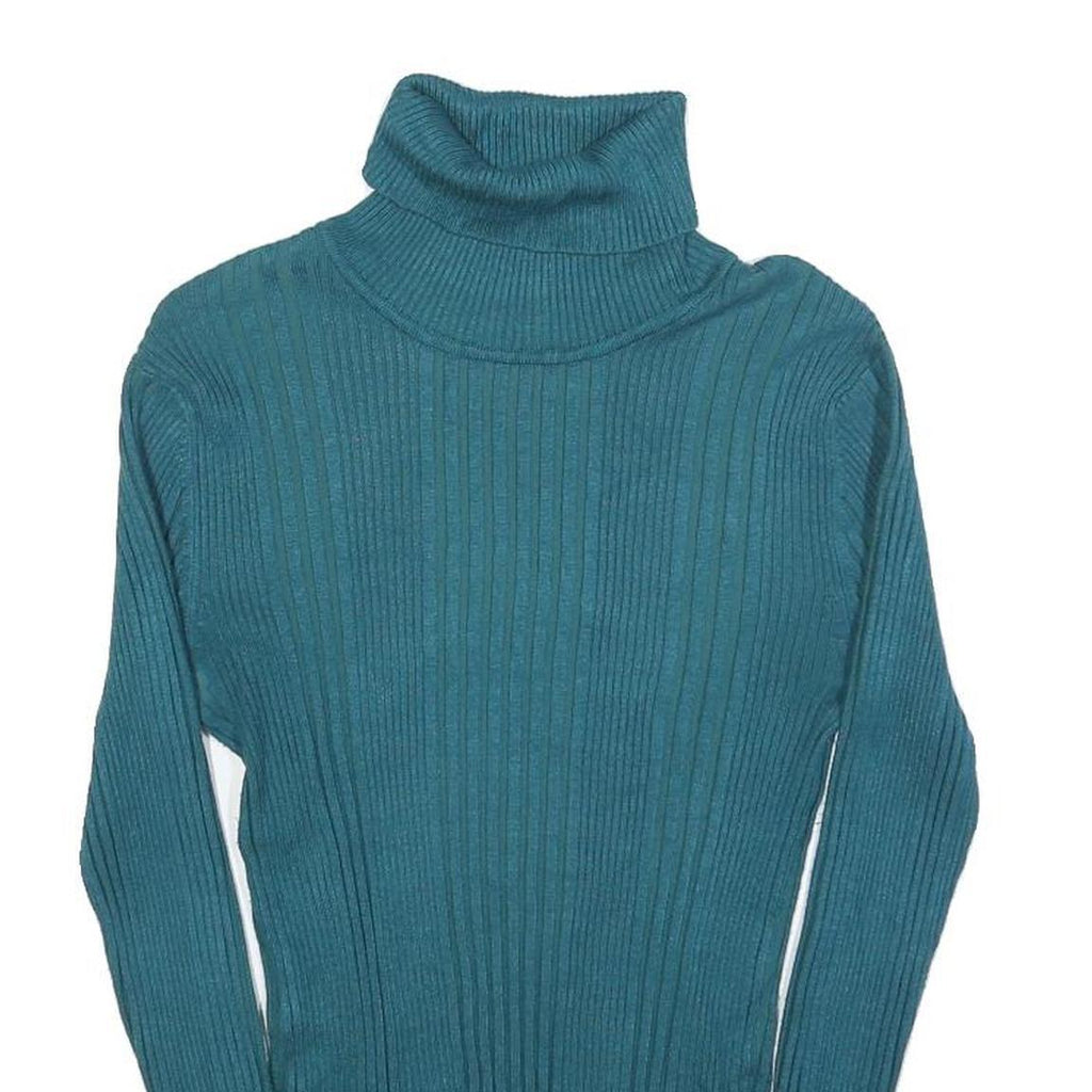 NO BOUNDARIES Womens Teal Plain Pullover Roll Neck Rib Knit Jumper M Slim Fit