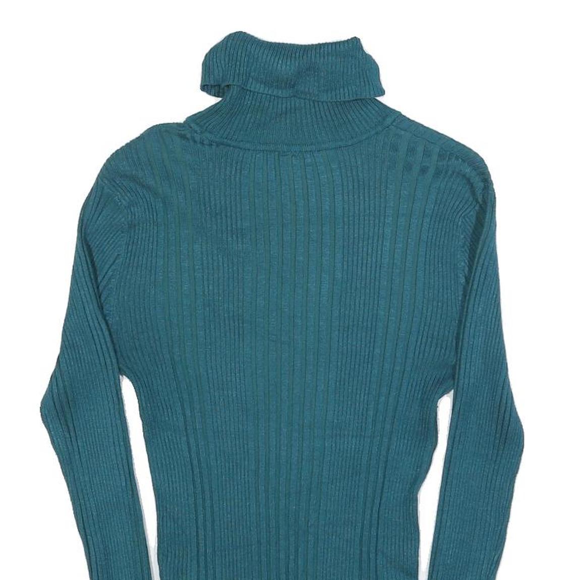 NO BOUNDARIES Womens Teal Plain Pullover Roll Neck Rib Knit Jumper M Slim Fit