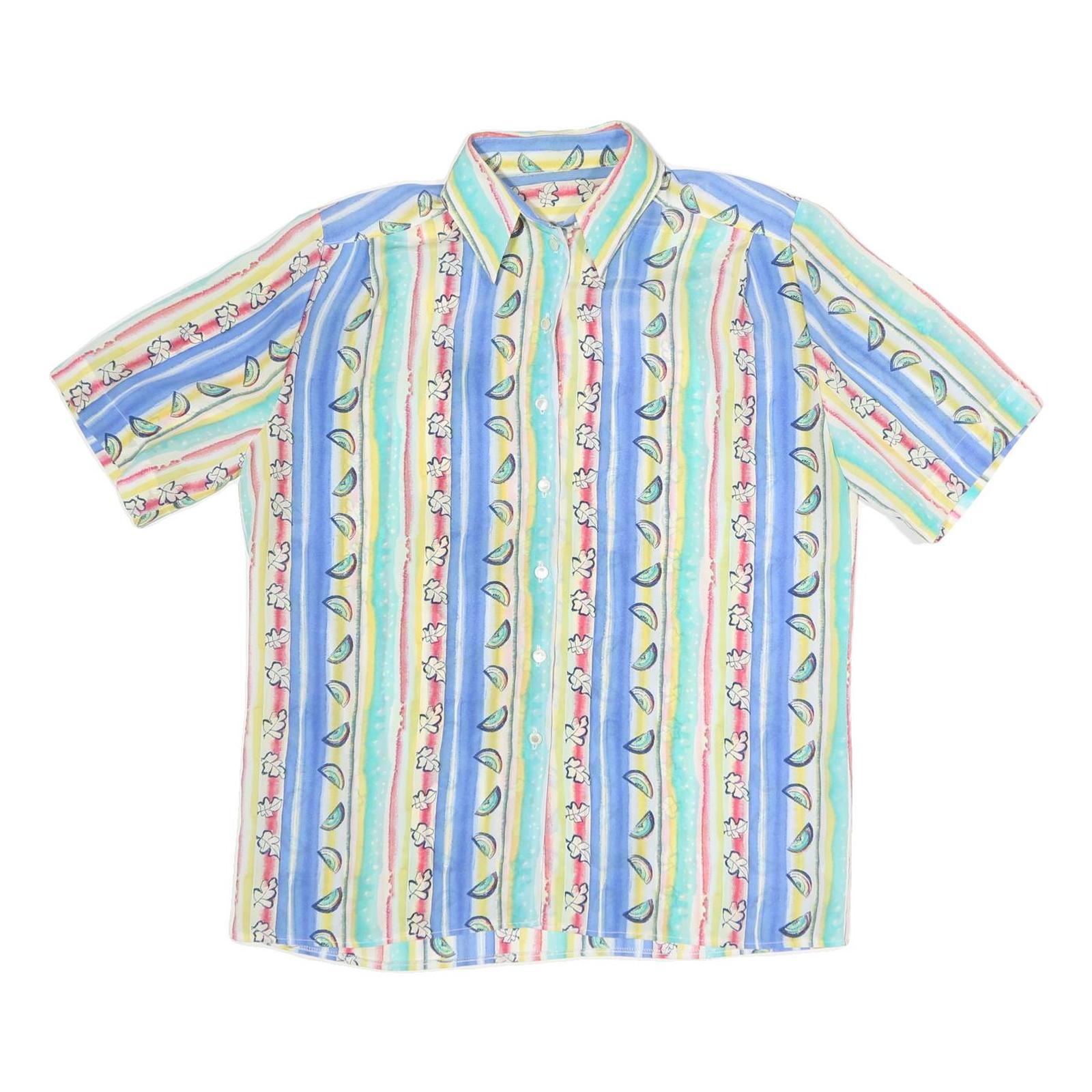 Womens Blue & Pastel Printed Shirt Short Sleeve Collared XL Cotton Blend Casual