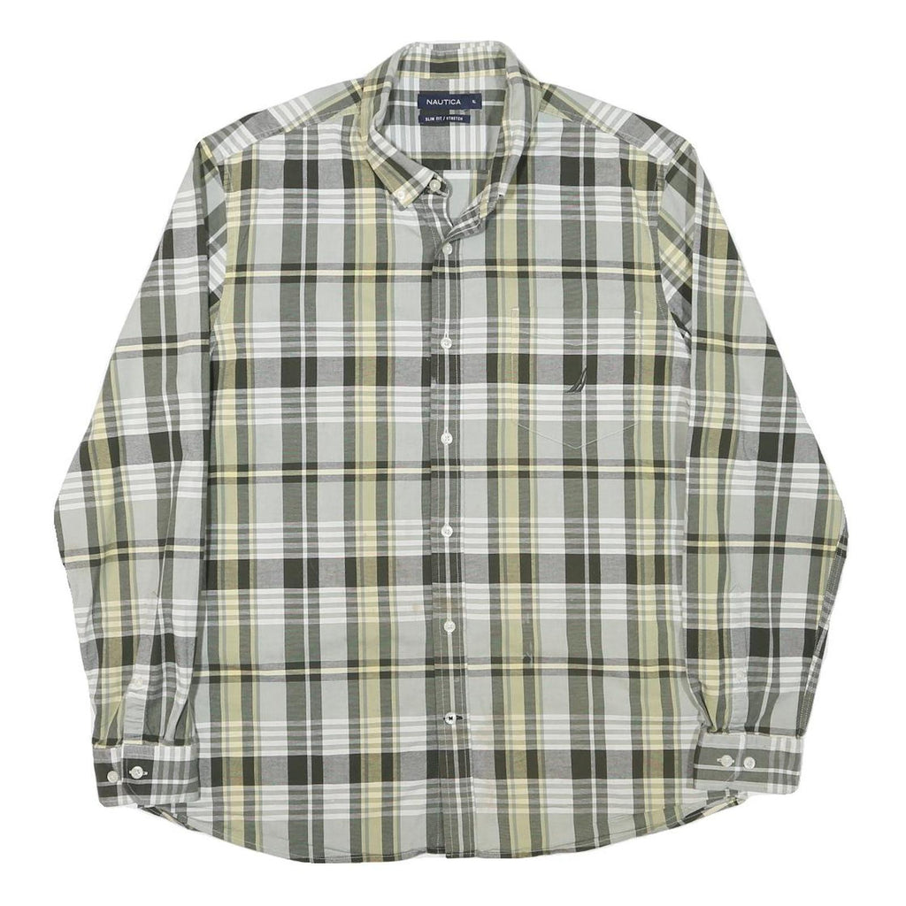 NAUTICA Mens Green & Beige Check Shirt XL Cotton Blend Slim Fit Casual Long