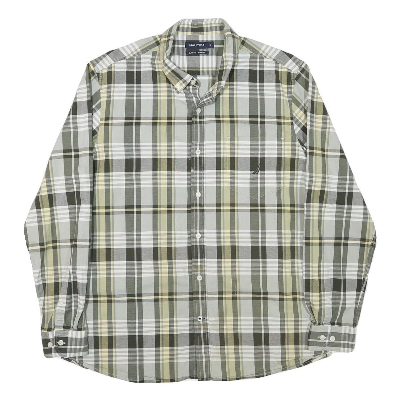 NAUTICA Mens Green & Beige Check Shirt XL Cotton Blend Slim Fit Casual Long
