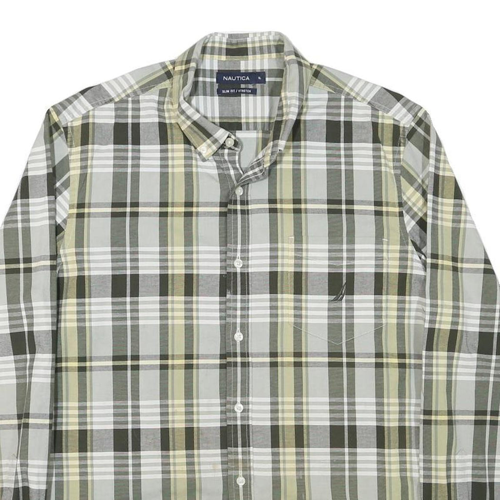 NAUTICA Mens Green & Beige Check Shirt XL Cotton Blend Slim Fit Casual Long