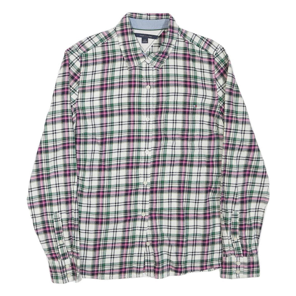 TOMMY HILFIGER Womens White Green Pink Checked Shirt L Casual Cotton Blend