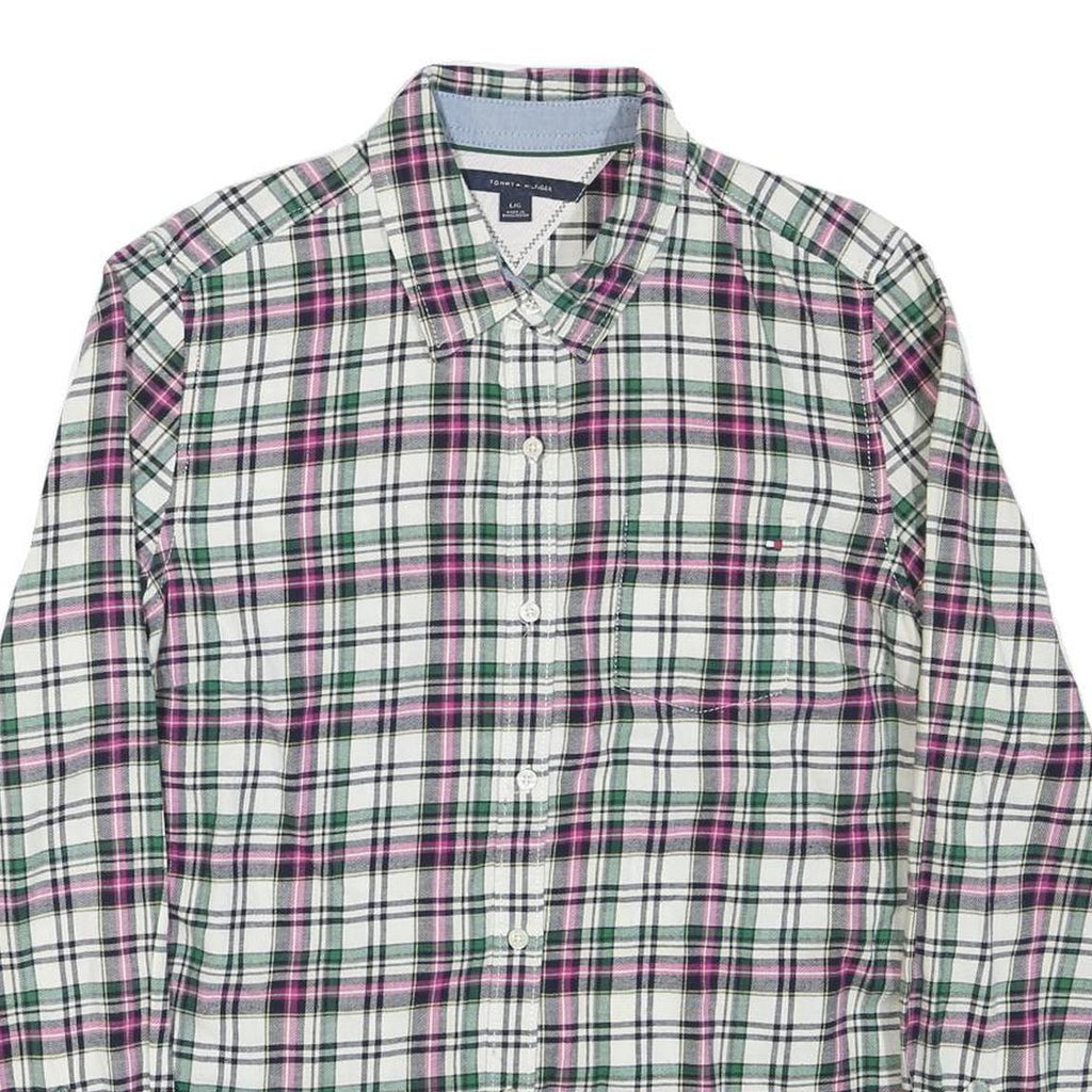 TOMMY HILFIGER Womens White Green Pink Checked Shirt L Casual Cotton Blend