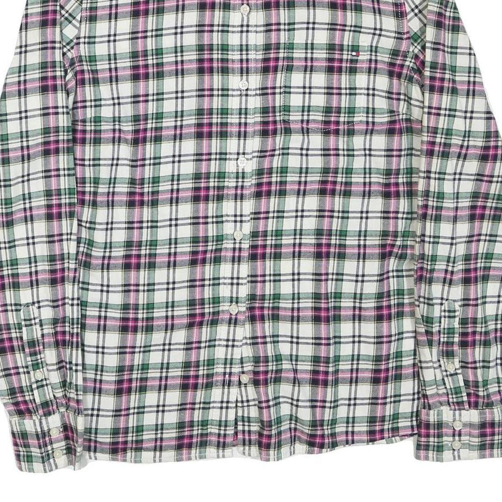 TOMMY HILFIGER Womens White Green Pink Checked Shirt L Casual Cotton Blend