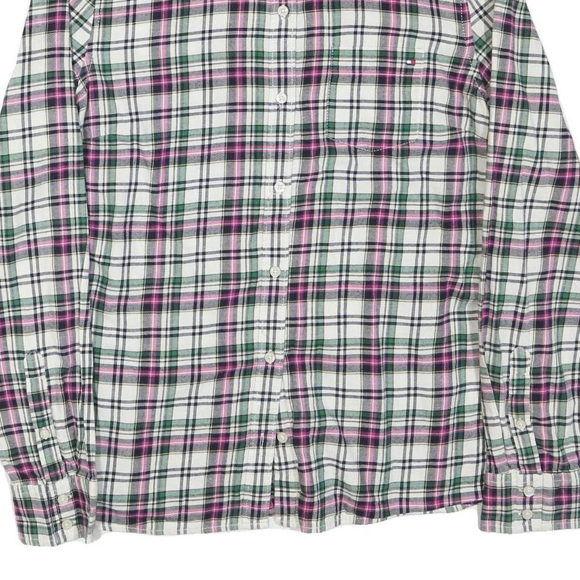 TOMMY HILFIGER Womens White Green Pink Checked Shirt L Casual Cotton Blend