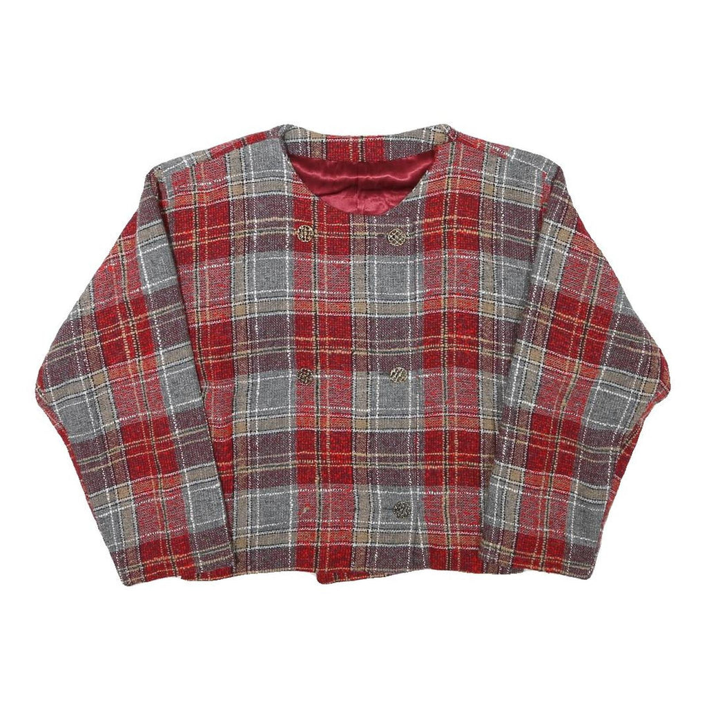 Womens Red & Grey Plaid Wool Blend Button Jacket XS Woven Cropped Classic