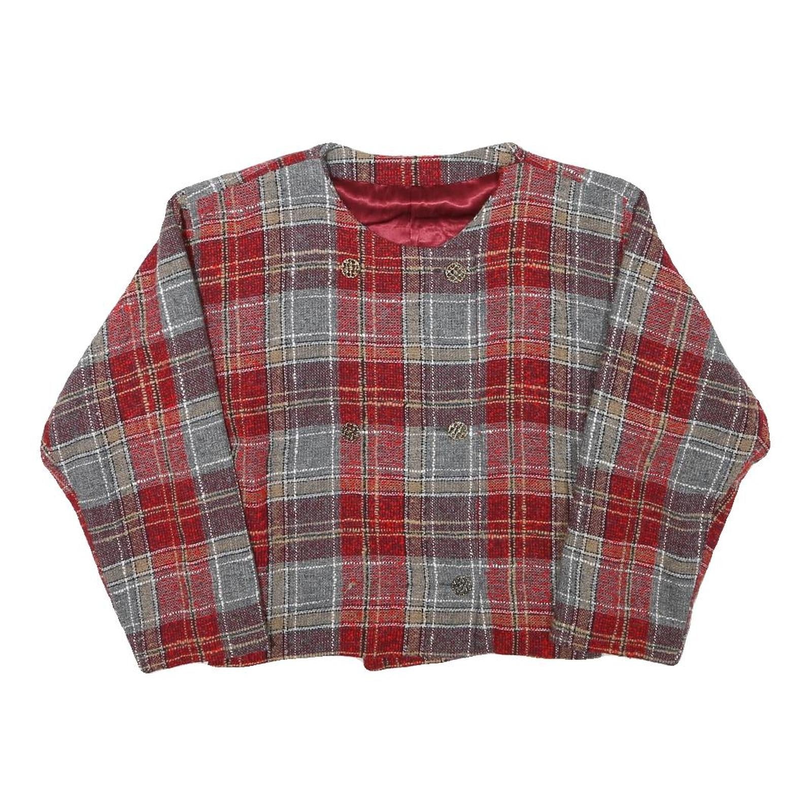 Womens Red & Grey Plaid Wool Blend Button Jacket XS Woven Cropped Classic
