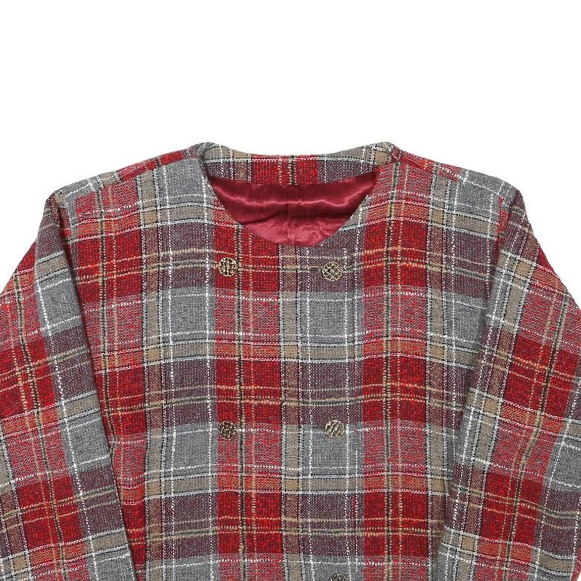 Womens Red & Grey Plaid Wool Blend Button Jacket XS Woven Cropped Classic