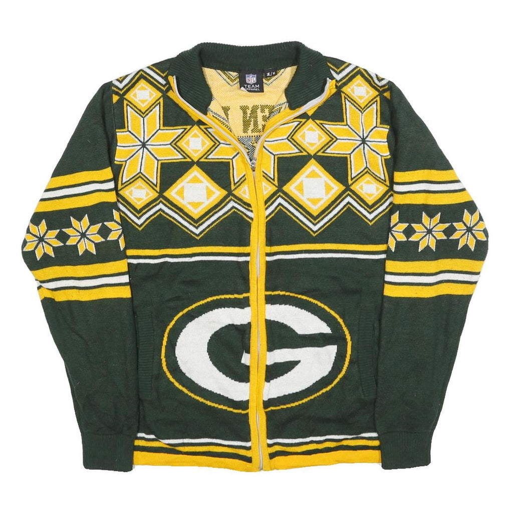 NFL Mens Green & Yellow Patterned Full Zip Jumper Crew Knit M Green Bay Packers
