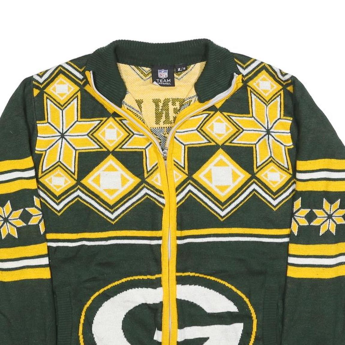NFL Mens Green & Yellow Patterned Full Zip Jumper Crew Knit M Green Bay Packers