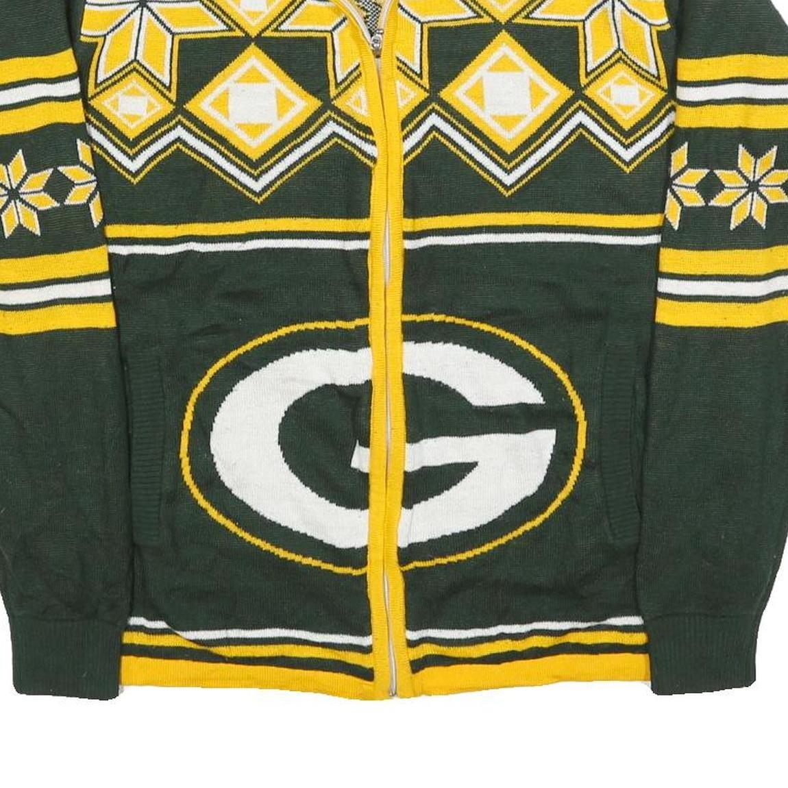 NFL Mens Green & Yellow Patterned Full Zip Jumper Crew Knit M Green Bay Packers