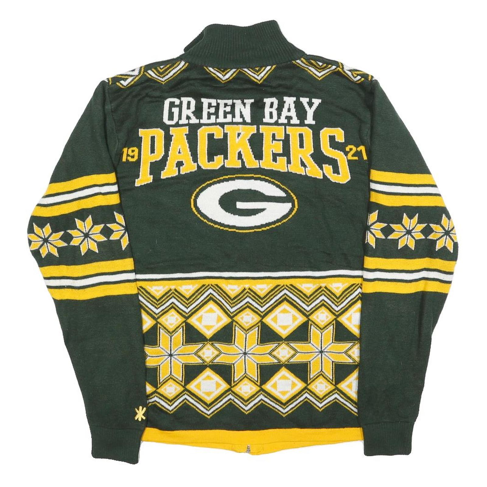 NFL Mens Green & Yellow Patterned Full Zip Jumper Crew Knit M Green Bay Packers