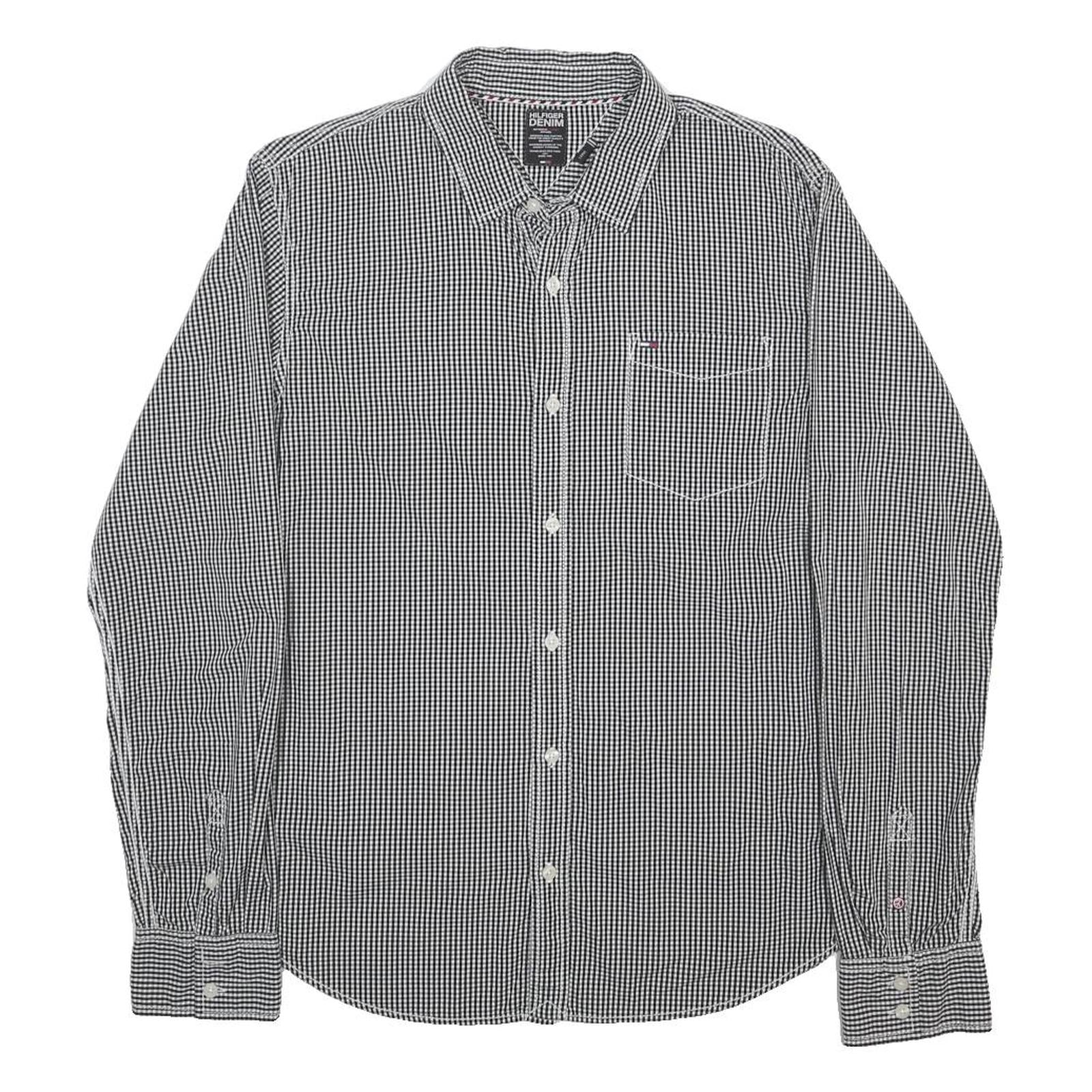 HILFIGER DENIM Mens Black & White Check Shirt L Cotton Long Sleeve Casual