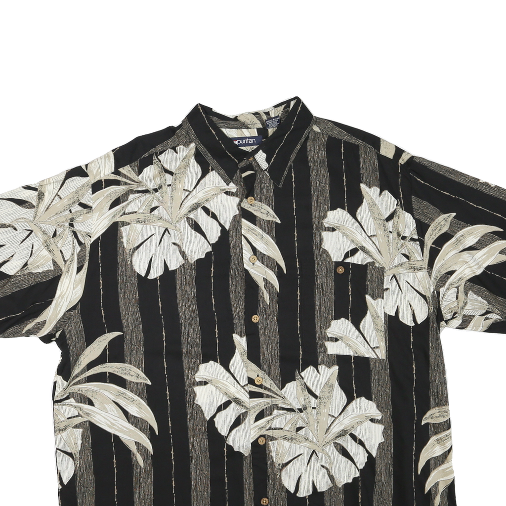 PURITAN Mens Black Beige Tropical Print Cotton Blend Shirt XL Short Sleeve