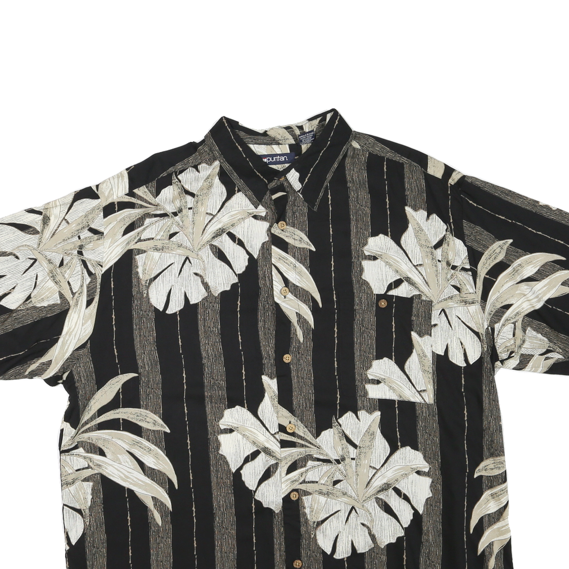PURITAN Mens Black Beige Tropical Print Cotton Blend Shirt XL Short Sleeve