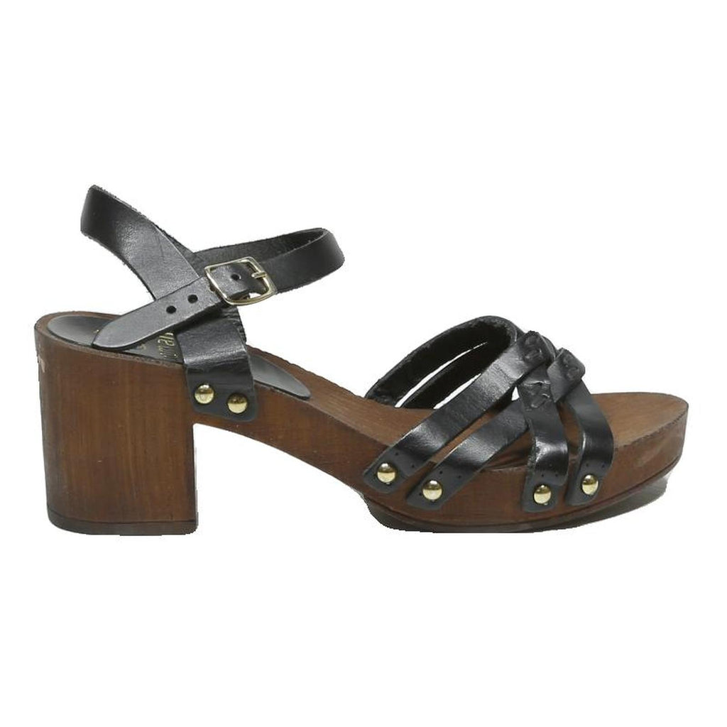WOMAN Womens Black Leather Block Heel Sandals Size UK 3 Vintage Style