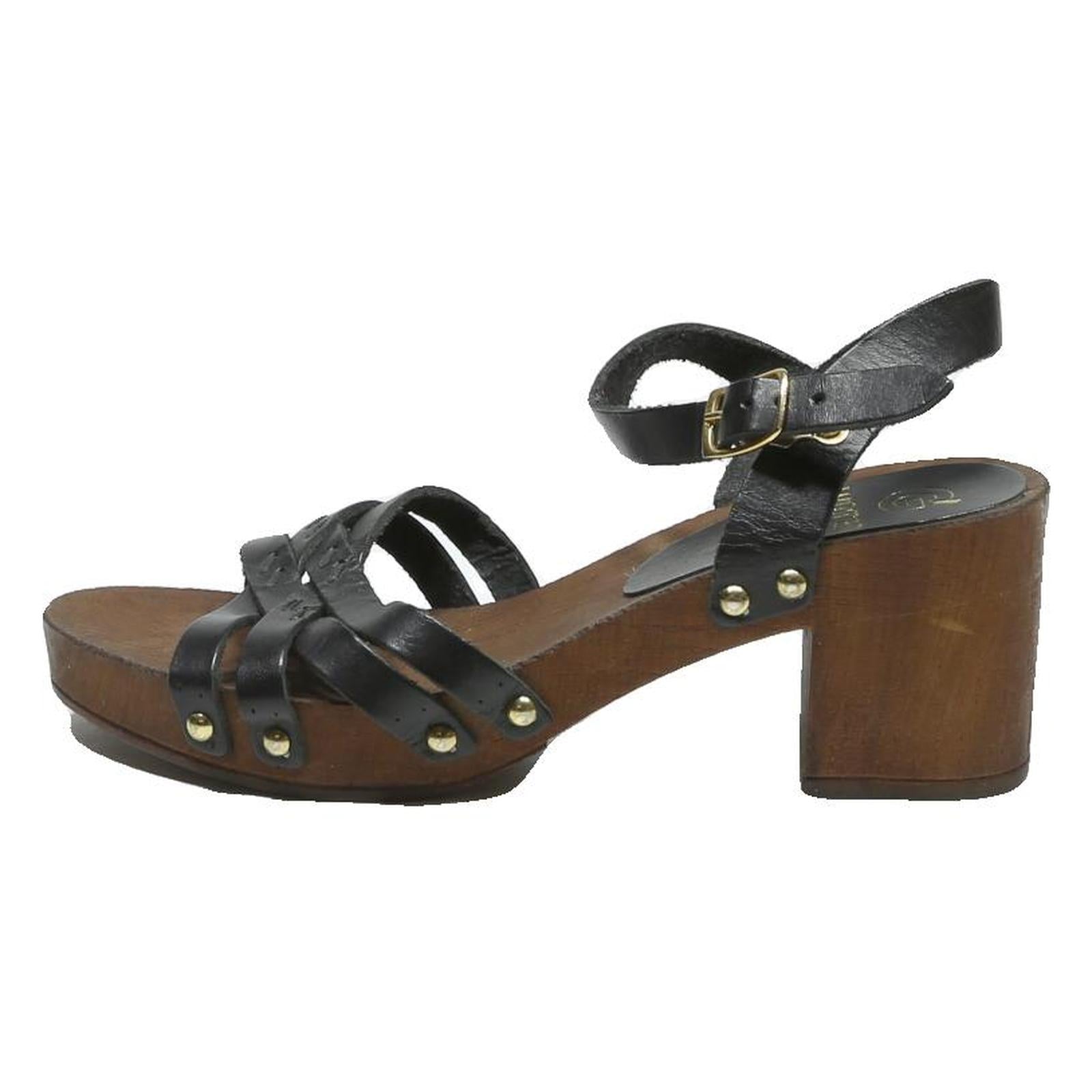 WOMAN Womens Black Leather Block Heel Sandals Size UK 3 Vintage Style