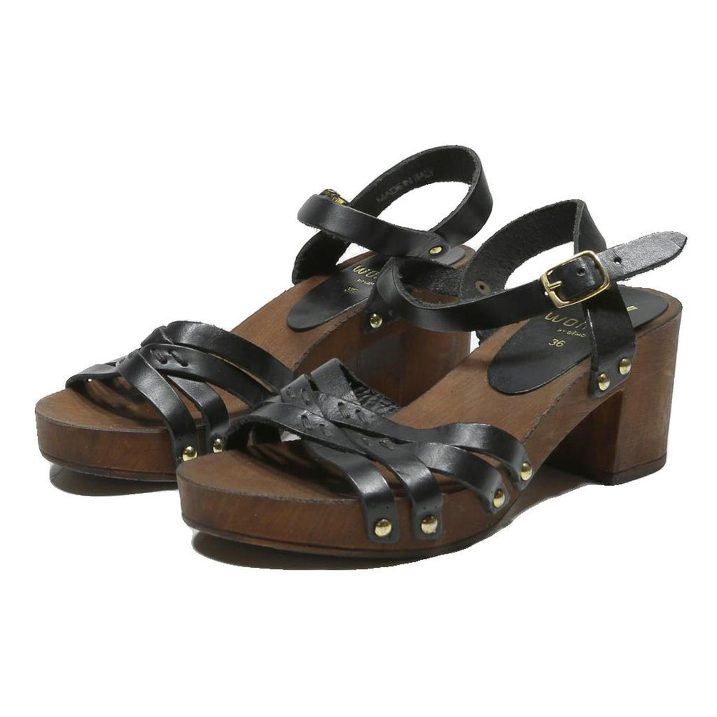 WOMAN Womens Black Leather Block Heel Sandals Size UK 3 Vintage Style