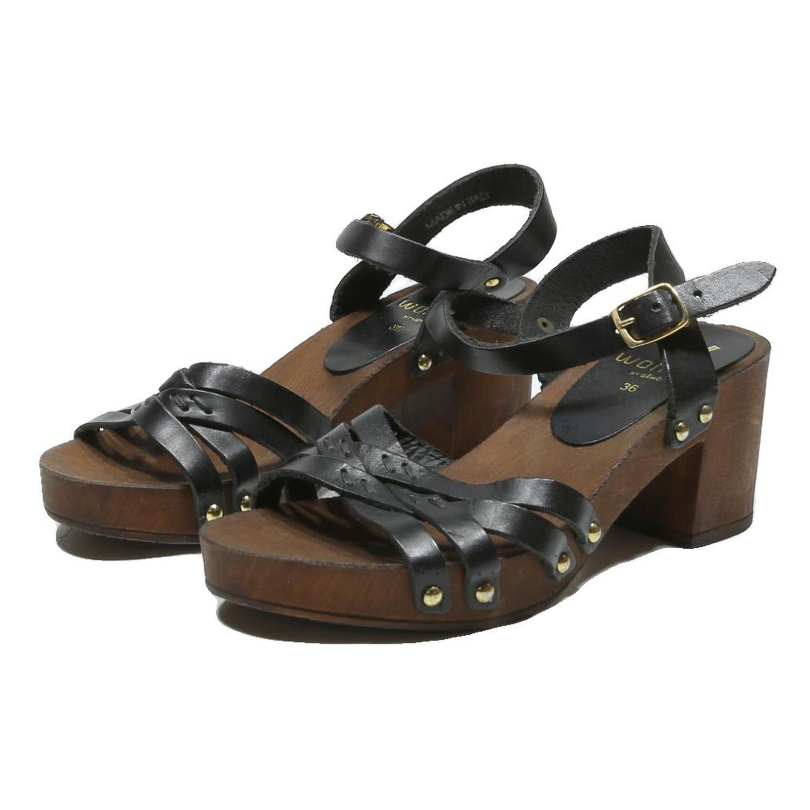 WOMAN Womens Black Leather Block Heel Sandals Size UK 3 Vintage Style
