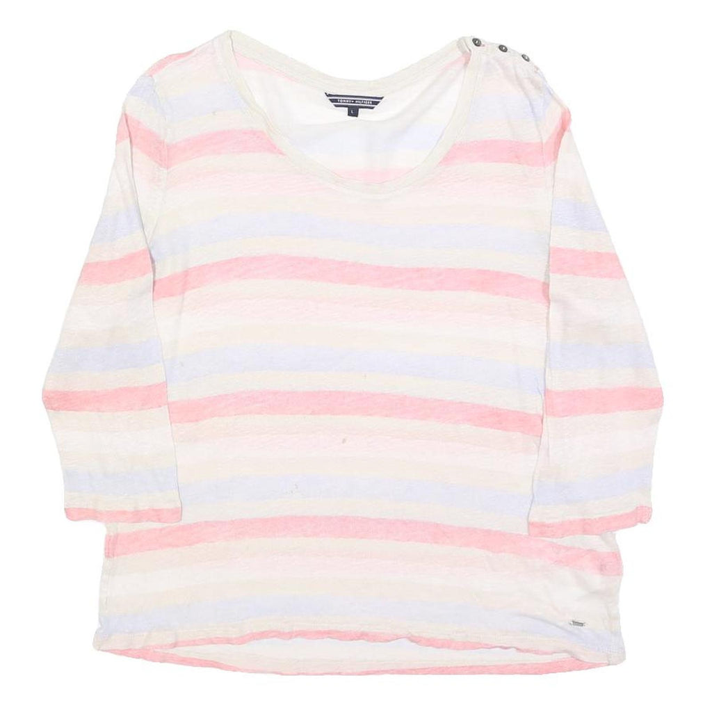 TOMMY HILFIGER Womens White Pink Blue Striped Basic Top 3/4 Sleeve Round Neck L