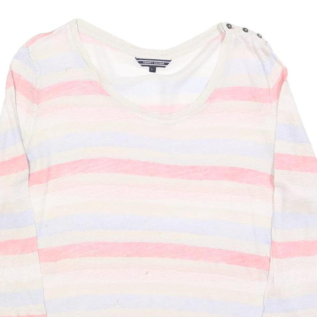 TOMMY HILFIGER Womens White Pink Blue Striped Basic Top 3/4 Sleeve Round Neck L