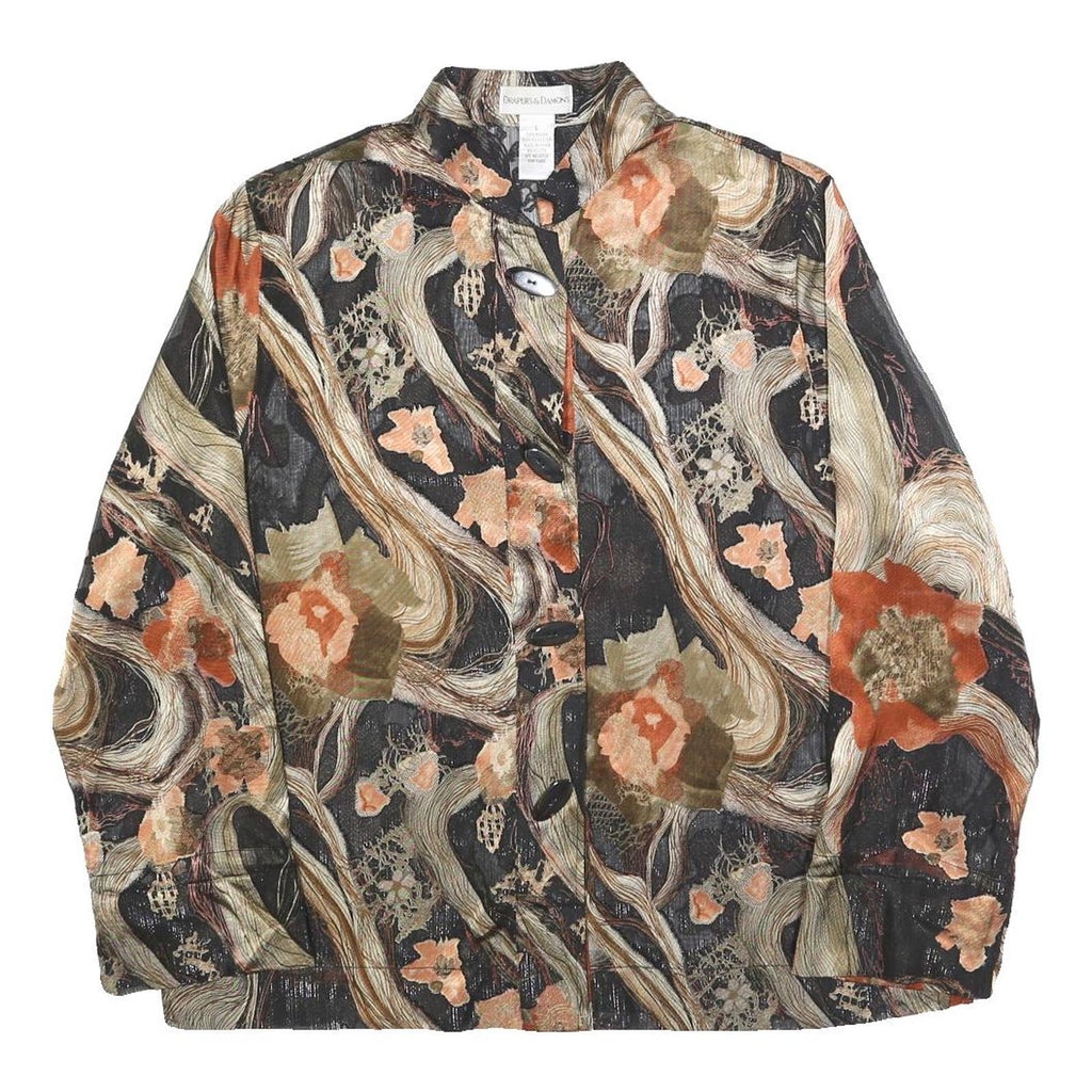DRAPERS & DAMONS Womens Black & Orange Floral Printed Blouse Long Sleeve Button