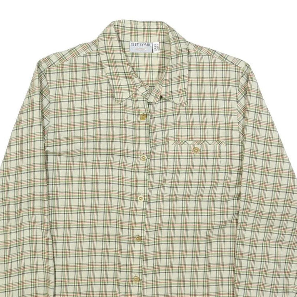 DELMOD Womens Cream & Green Check Shirt UK 12 Classic Cotton Blend Long Sleeve