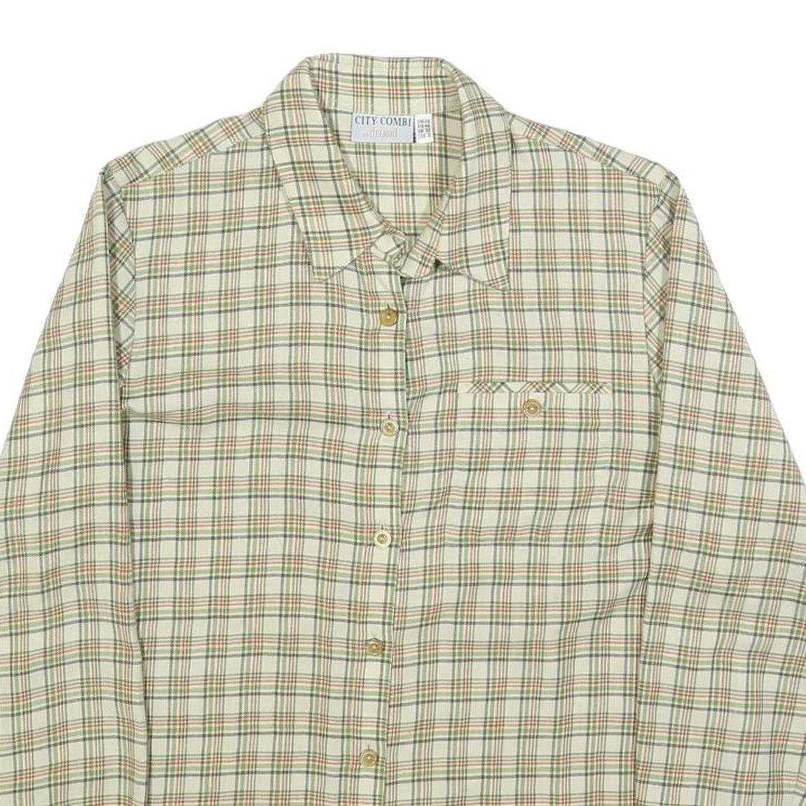 DELMOD Womens Cream & Green Check Shirt UK 12 Classic Cotton Blend Long Sleeve