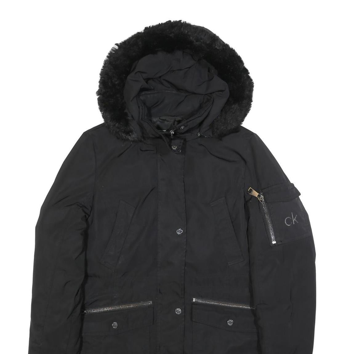 CALVIN KLEIN Womens Black Polyester Parka Jacket S Zip Hooded Casual Warm