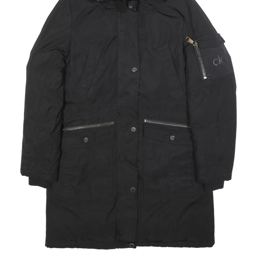 CALVIN KLEIN Womens Black Polyester Parka Jacket S Zip Hooded Casual Warm