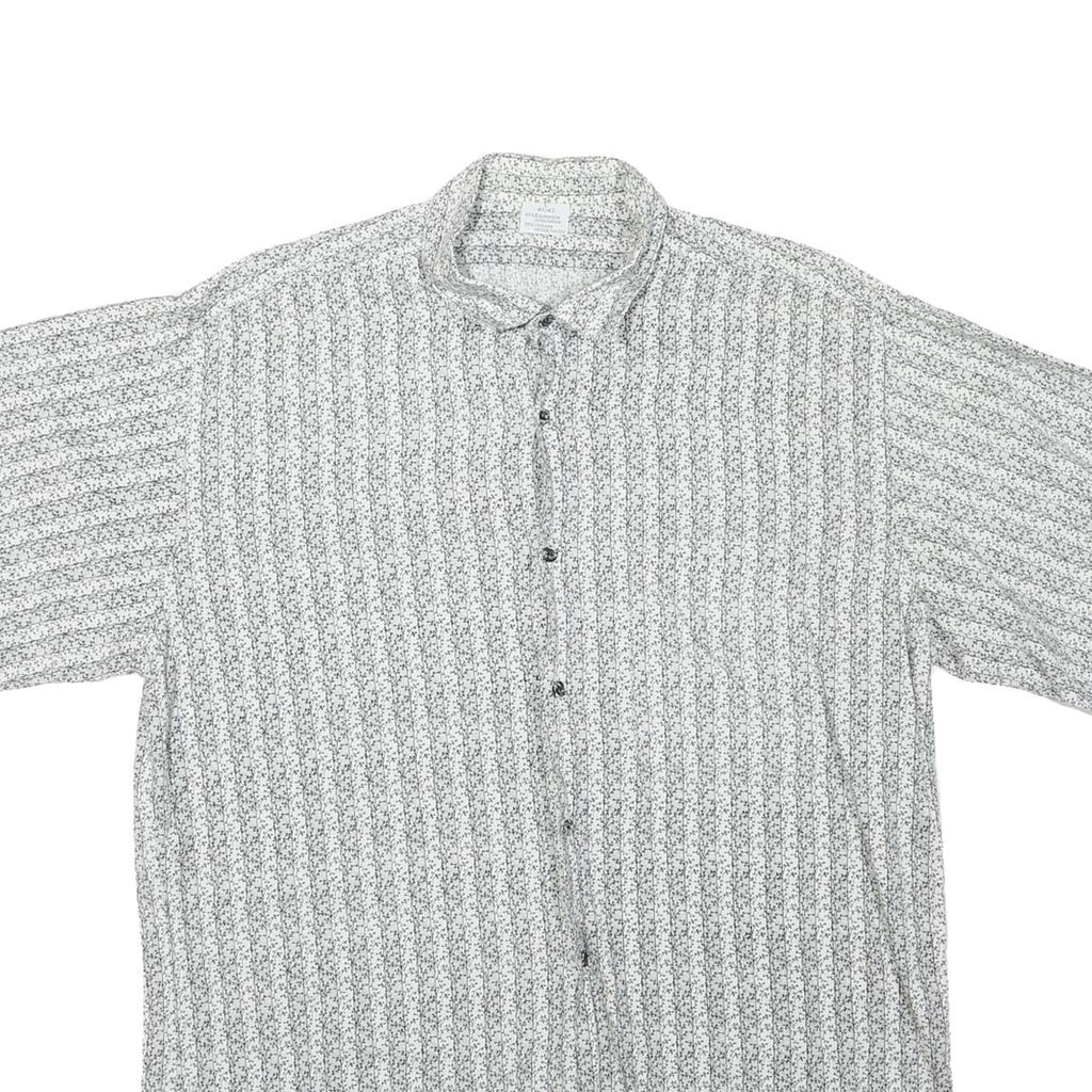 Mens White & Black Patterned Cotton Blend Shirt L Casual Button-Up Summer