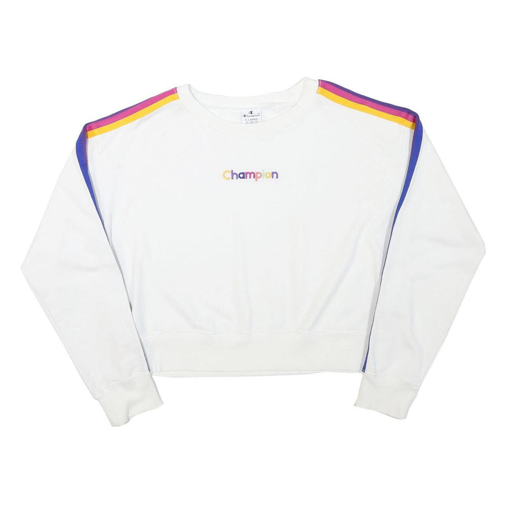 CHAMPION Girls White Purple & Yellow Stripe Crew Neck XL Sweatshirt Cotton Blend