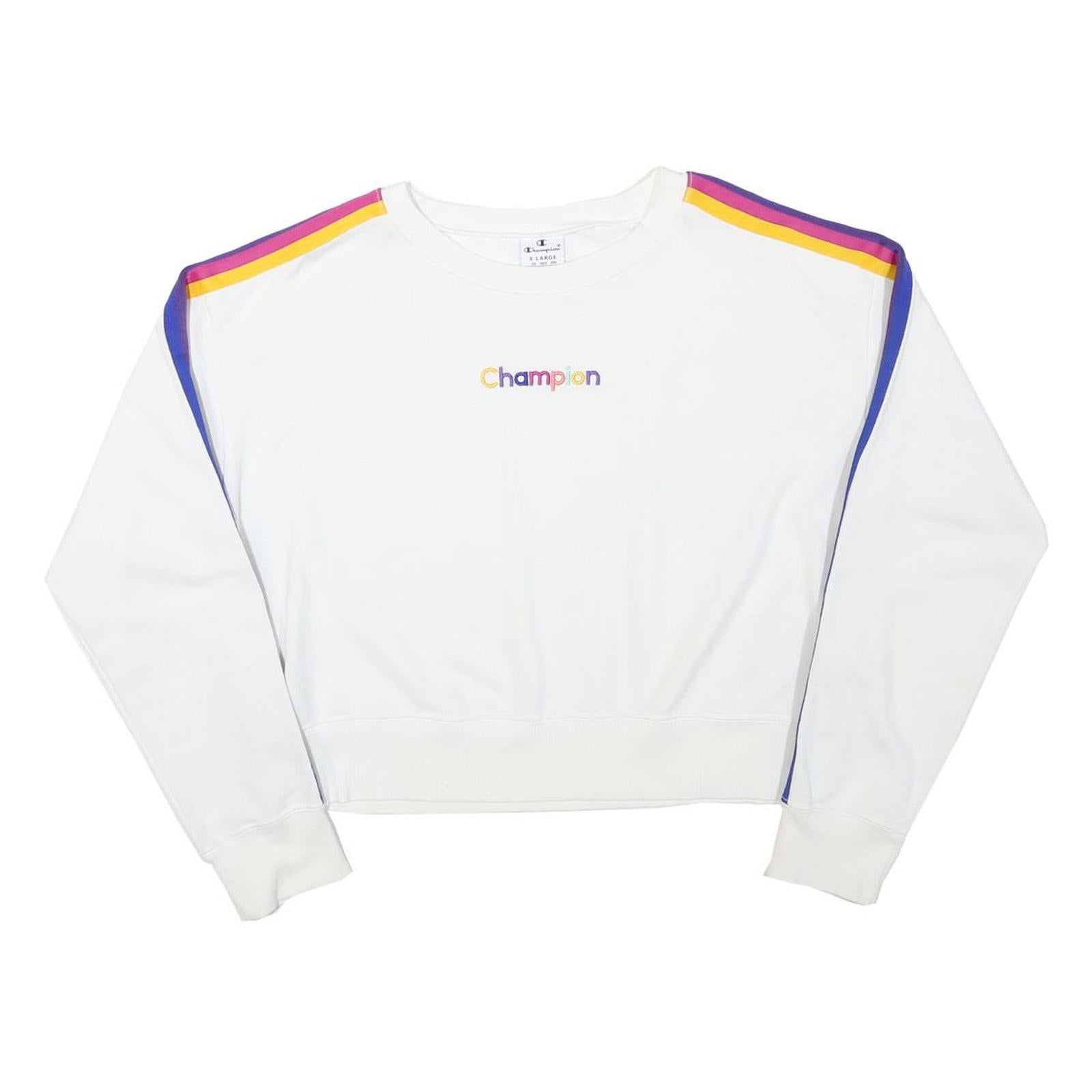 CHAMPION Girls White Purple & Yellow Stripe Crew Neck XL Sweatshirt Cotton Blend