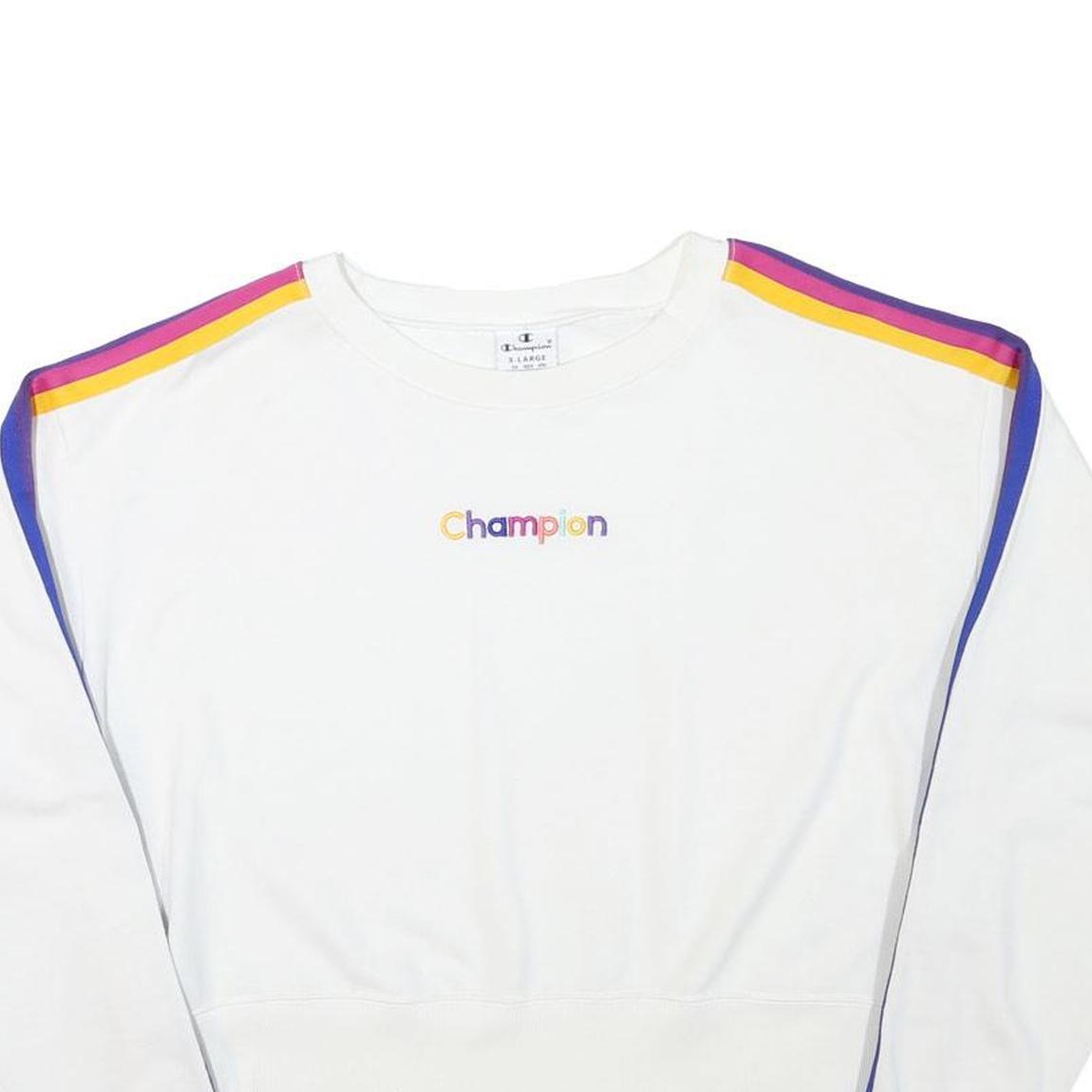 CHAMPION Girls White Purple & Yellow Stripe Crew Neck XL Sweatshirt Cotton Blend