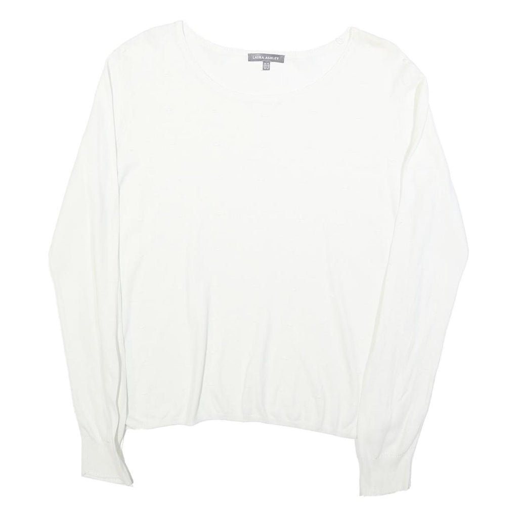LAURA ASHLEY Womens White Cotton Blend Basic Long Sleeve Round Neck Top UK 14