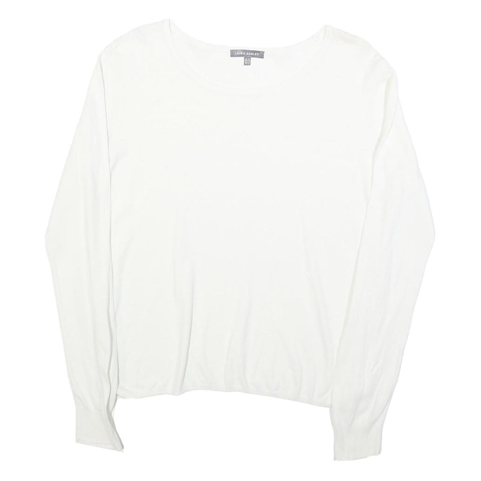 LAURA ASHLEY Womens White Cotton Blend Basic Long Sleeve Round Neck Top UK 14