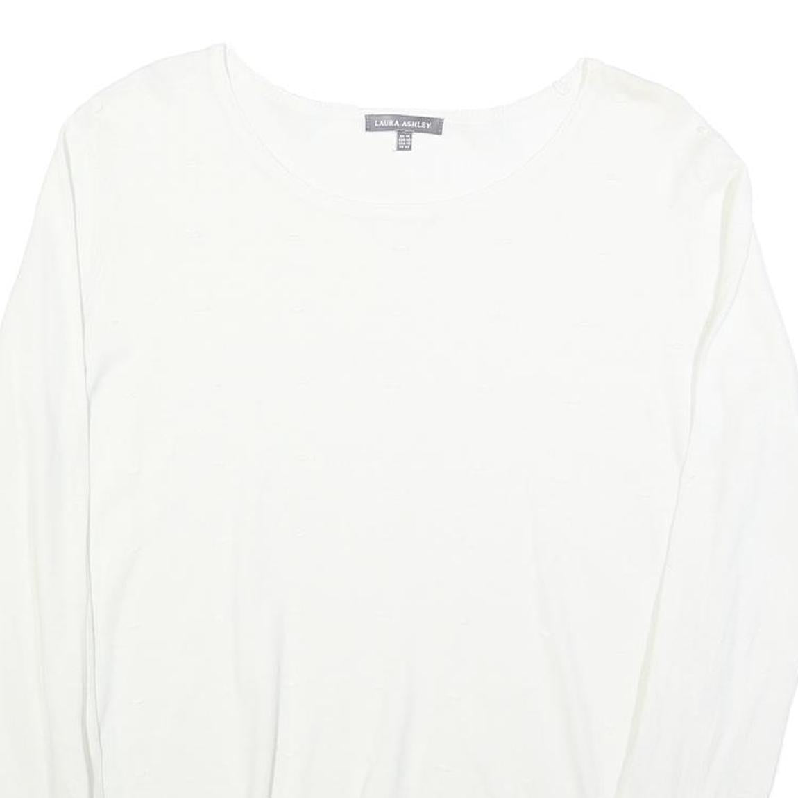 LAURA ASHLEY Womens White Cotton Blend Basic Long Sleeve Round Neck Top UK 14